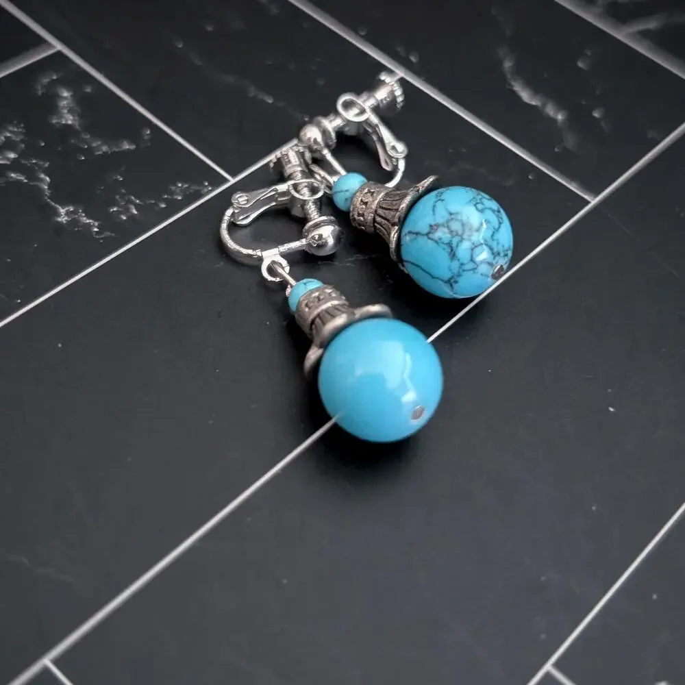 Vintage Clip On Earrings Silver Tone & Turquoise Tone Dangle Ball - Statement